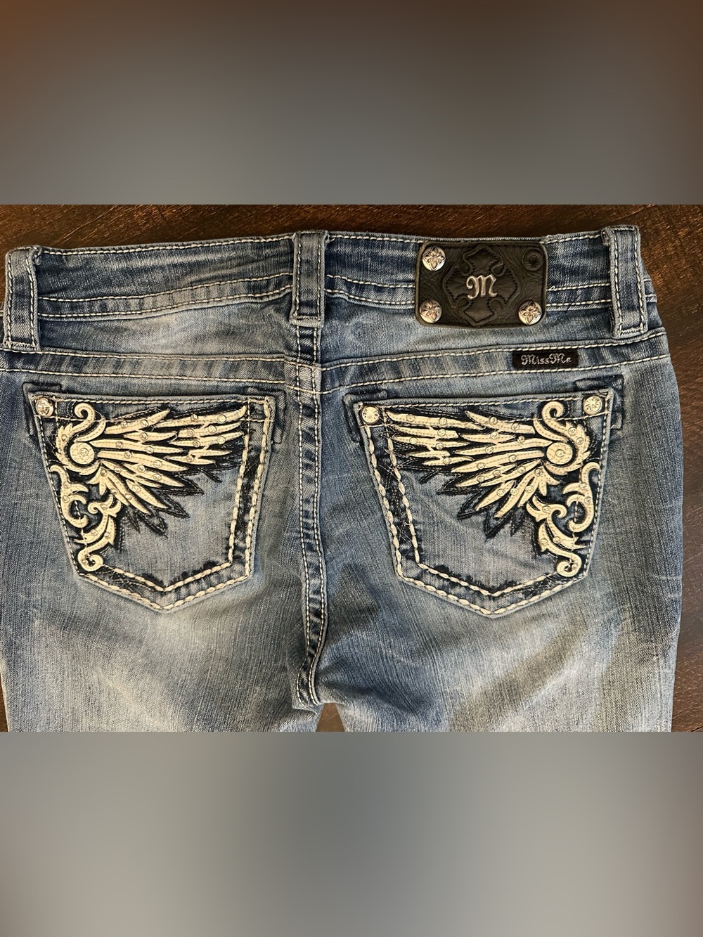 Miss Me Angel Wing Embellished Studded Jeans Mid Rise Boot Cut-Sz 29x32